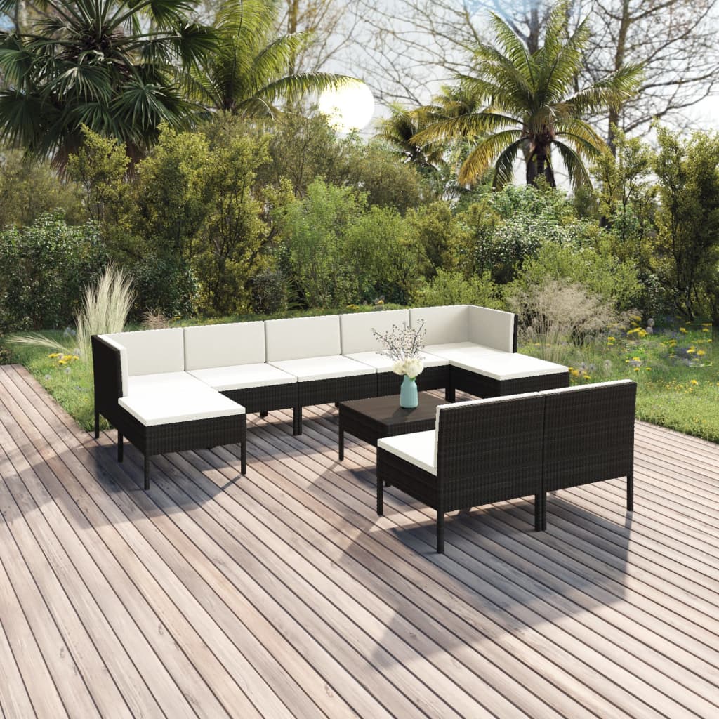Salon de jardin 10 pcs avec coussins Résine tressée Noir