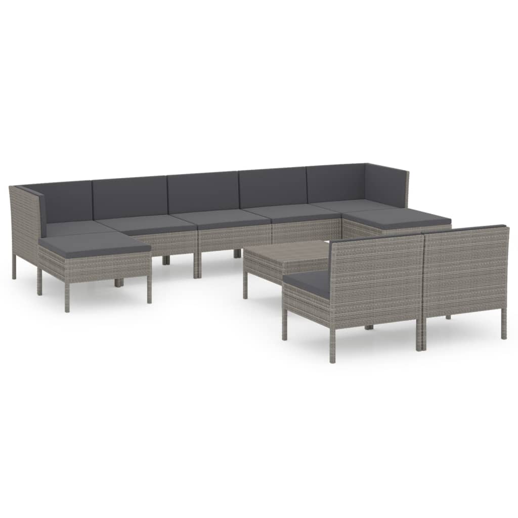 Salon de jardin 10 pcs avec coussins Résine tressée Gris