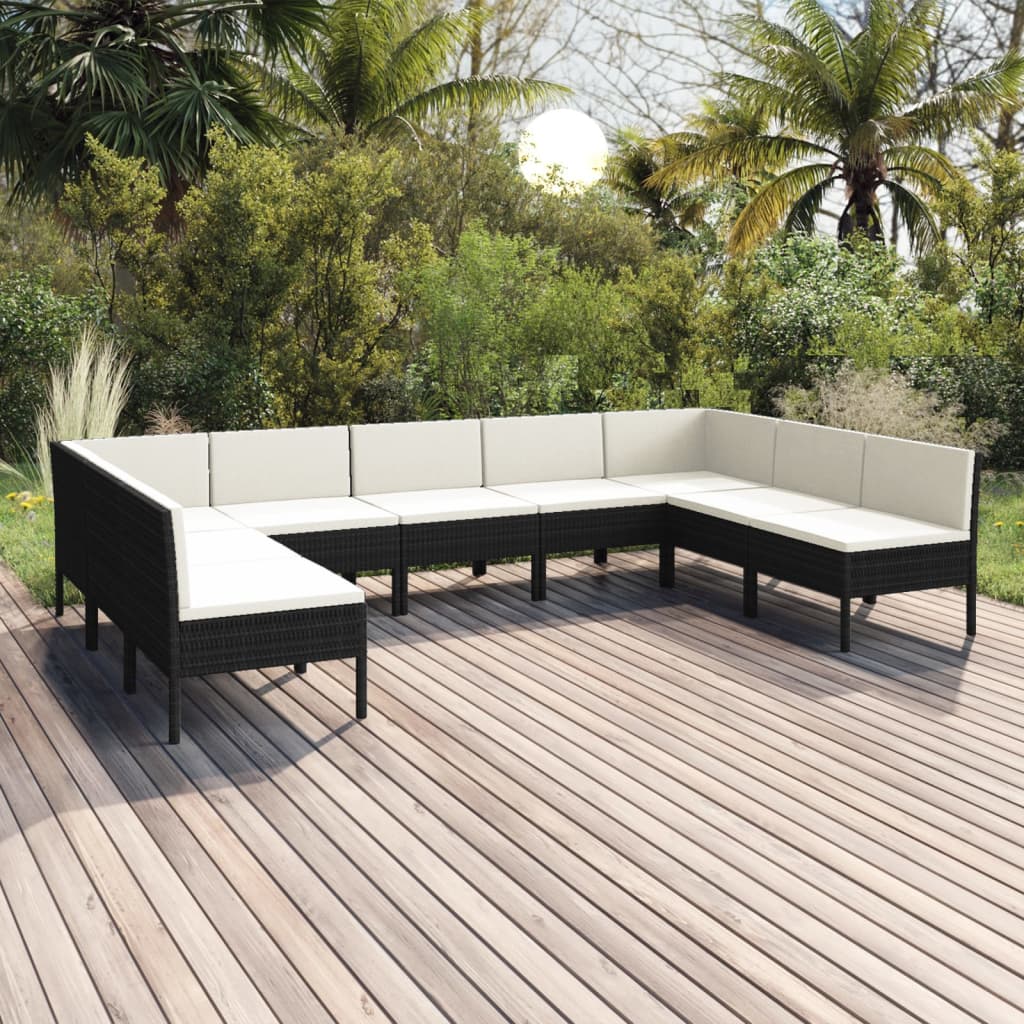 Salon de jardin 9 pcs avec coussins Résine tressée Noir