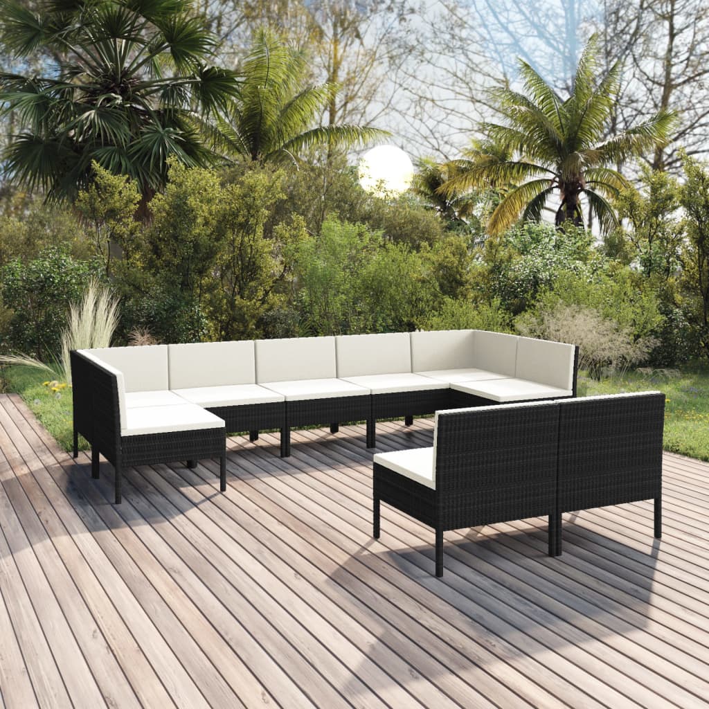 Salon de jardin 9 pcs avec coussins Résine tressée Noir