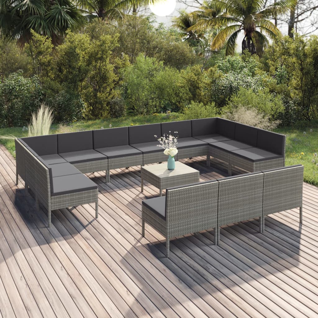 Salon de jardin 14 pcs avec coussins Résine tressée Gris