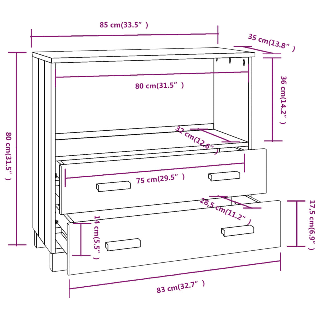 Buffet HAMAR Gris foncé 85x35x80 cm Bois massif de pin - XIOS