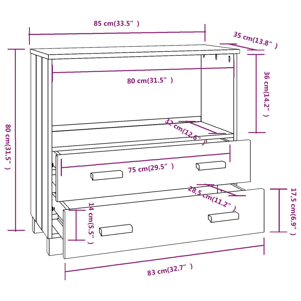 Buffet HAMAR Gris clair 85x35x80 cm Bois massif de pin - XIOS