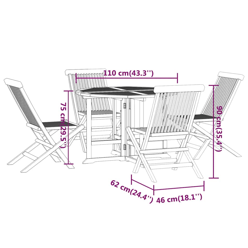 Mobilier à dîner d'extérieur pliable 5 pcs Bois solide de teck