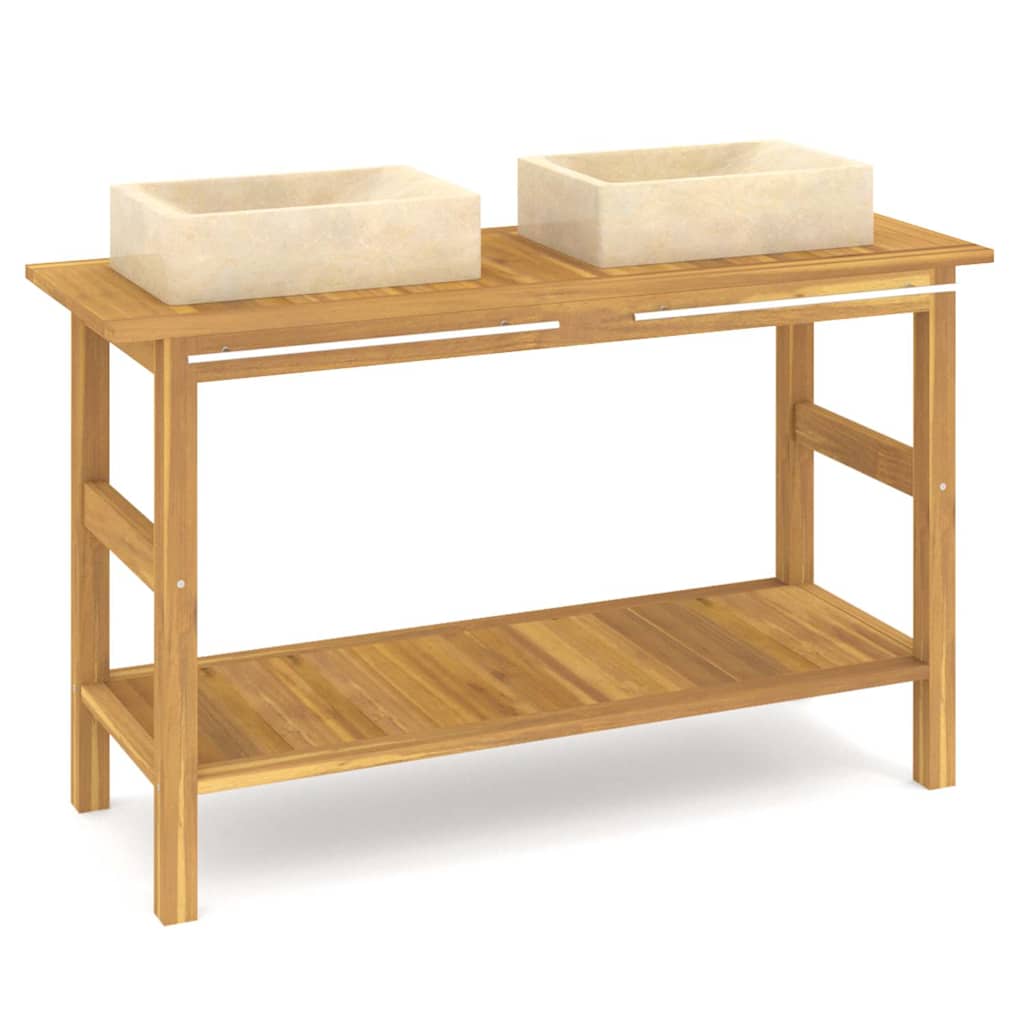 Armoire de salle de bain et lavabos en marbre crème Teck massif - XIOS