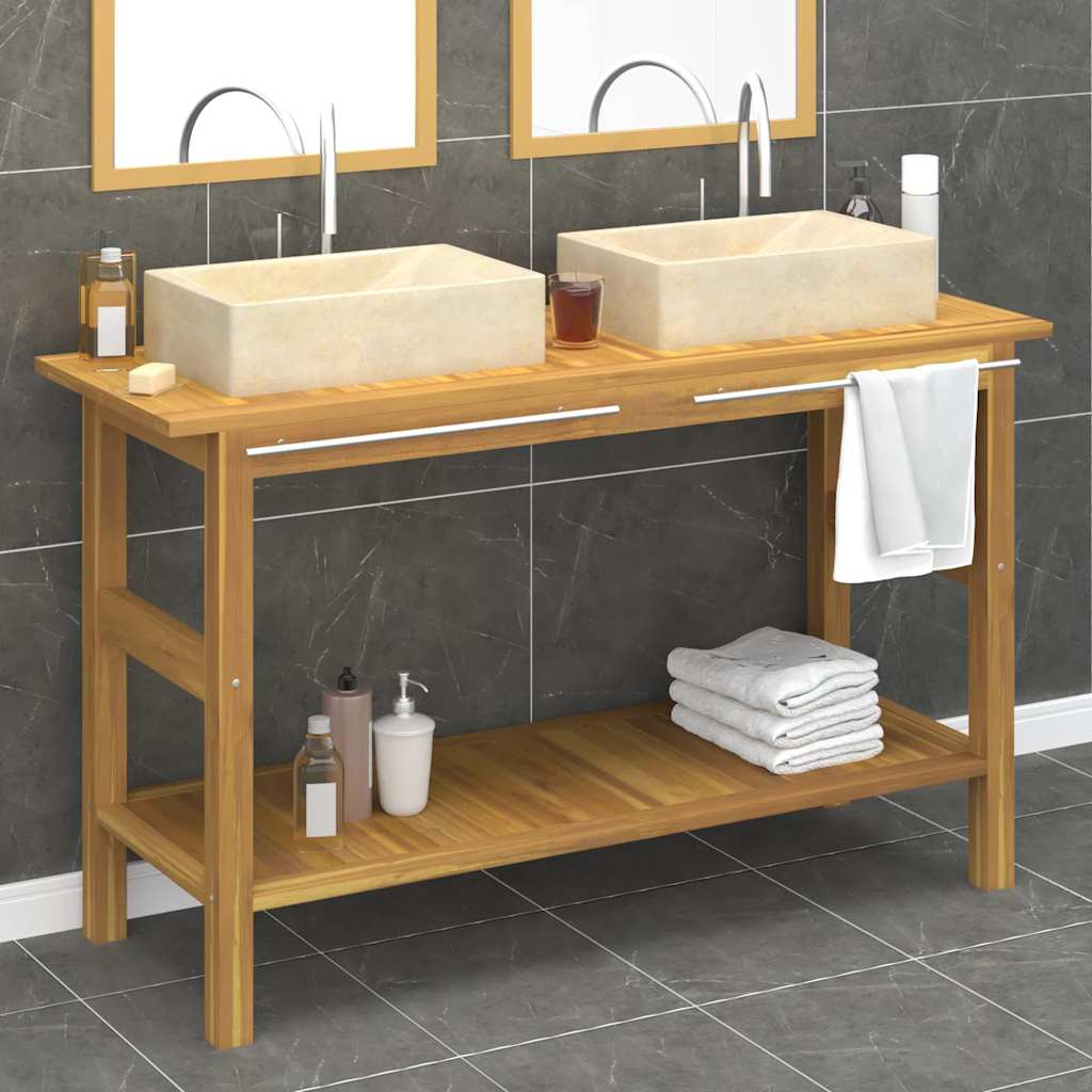 Armoire de salle de bain et lavabos en marbre crème Teck massif - XIOS