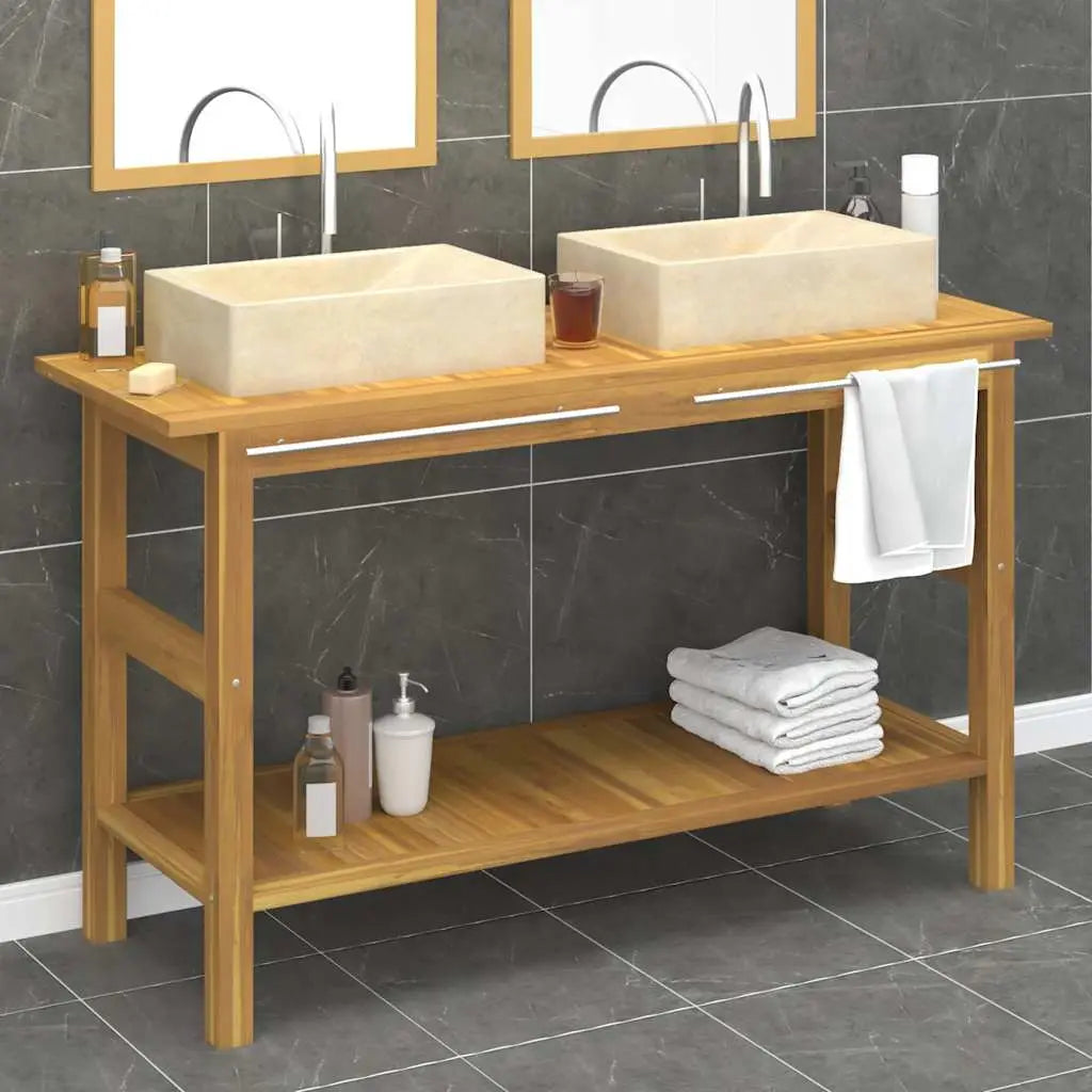 Armoire de salle de bain et lavabos en marbre crème Teck massif - XIOS