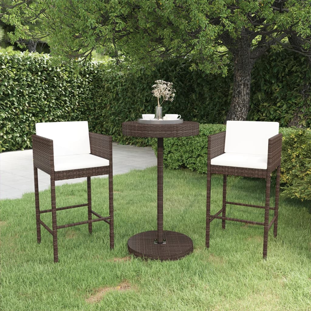Meubles de bar de jardin 3pcs et coussins Résine tressée Marron