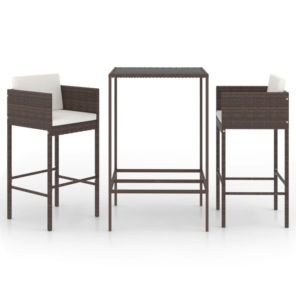 Meubles de bar de jardin 3pcs et coussins Résine tressée Marron