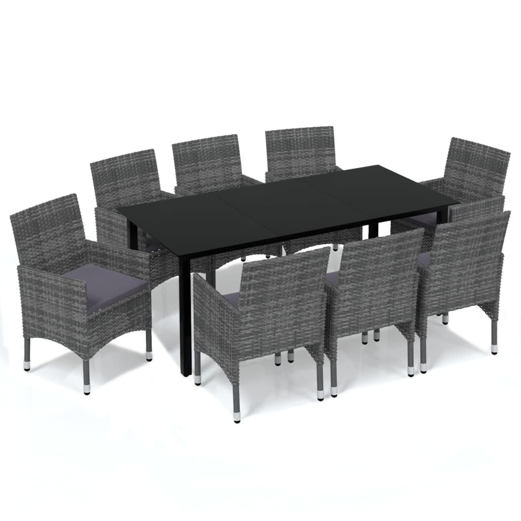 Ensemble à manger de jardin et coussins 9 pcs Poly rotin Gris