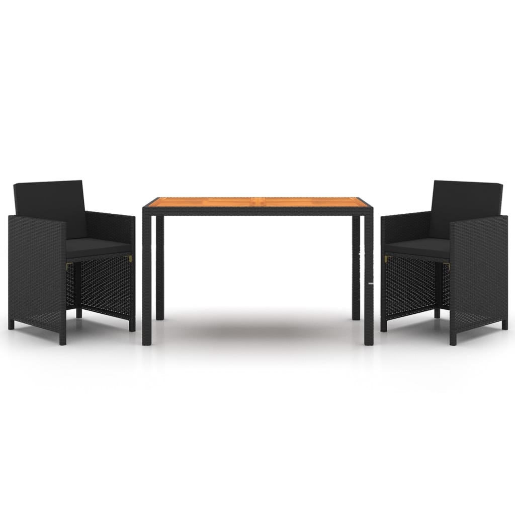 Ensemble à dîner de jardin avec coussins 3 pcs poly rotin noir