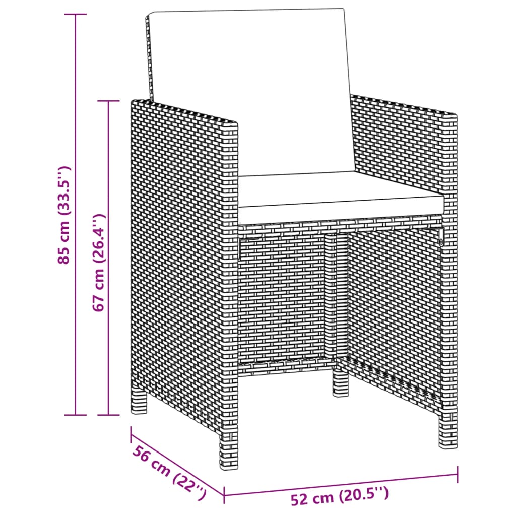 Ensemble à dîner de jardin avec coussins 3 pcs poly rotin noir