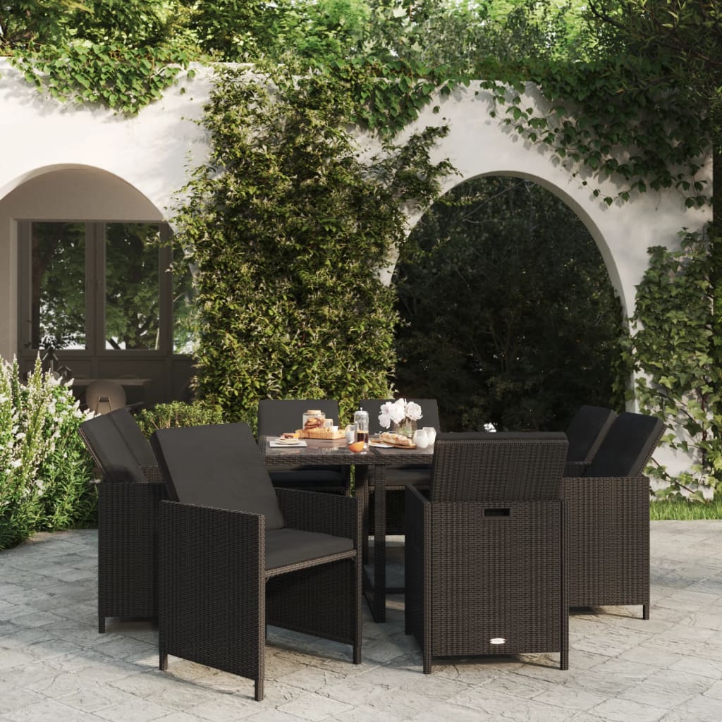 Ensemble à manger de jardin coussins 9pcs Résine tressée Noir