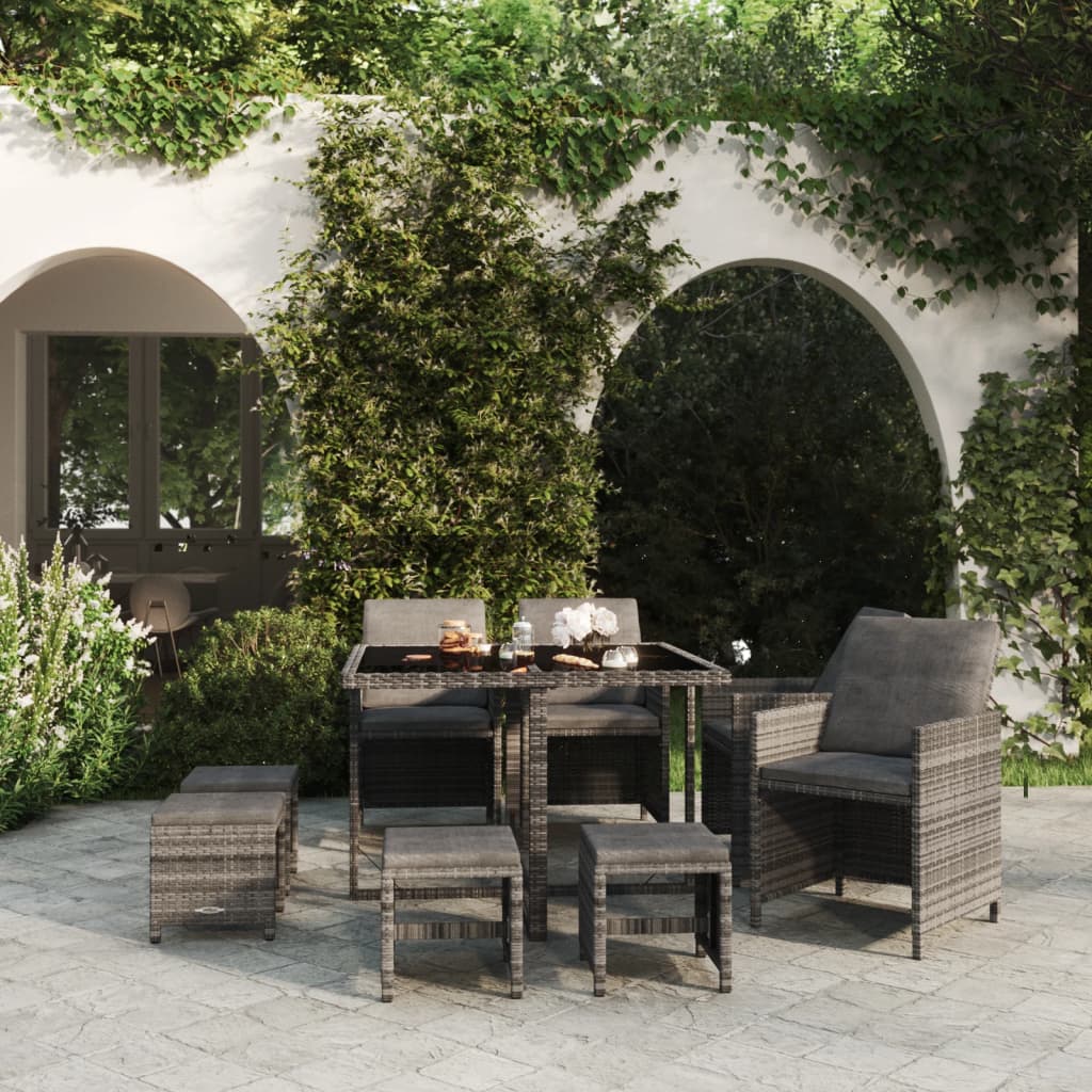 Ensemble à manger de jardin coussins 9pcs Résine tressée Gris