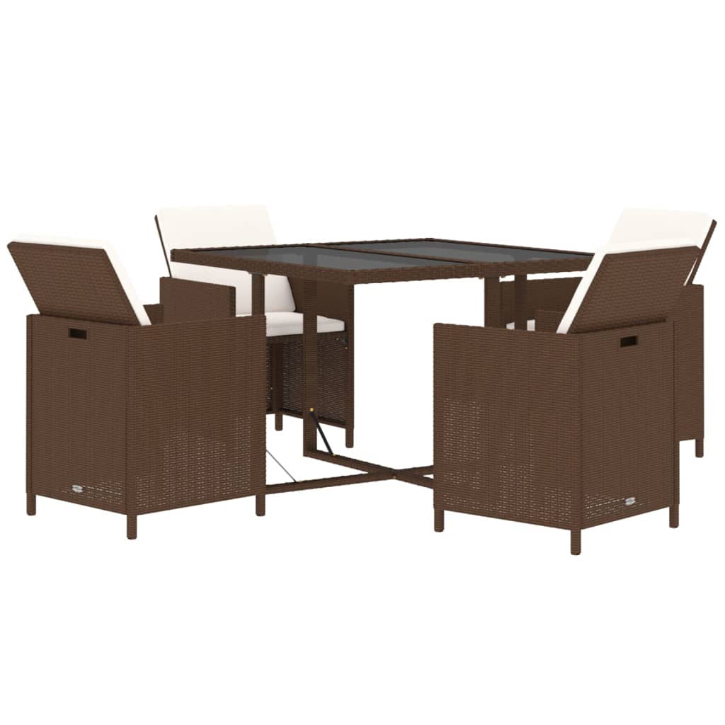 Ensemble à dîner de jardin avec coussins 5 pcs poly rotin brun