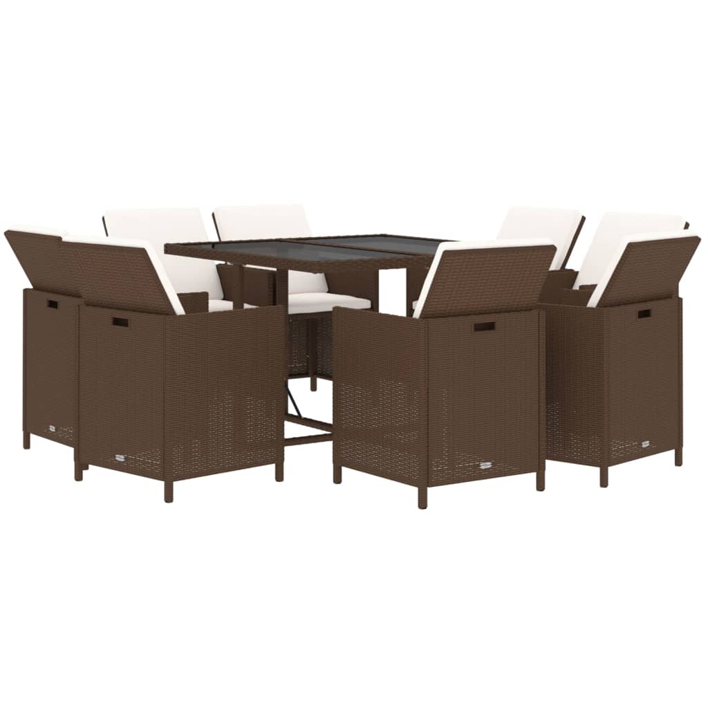 Ensemble à manger de jardin et coussins 9 pcs Poly rotin Marron
