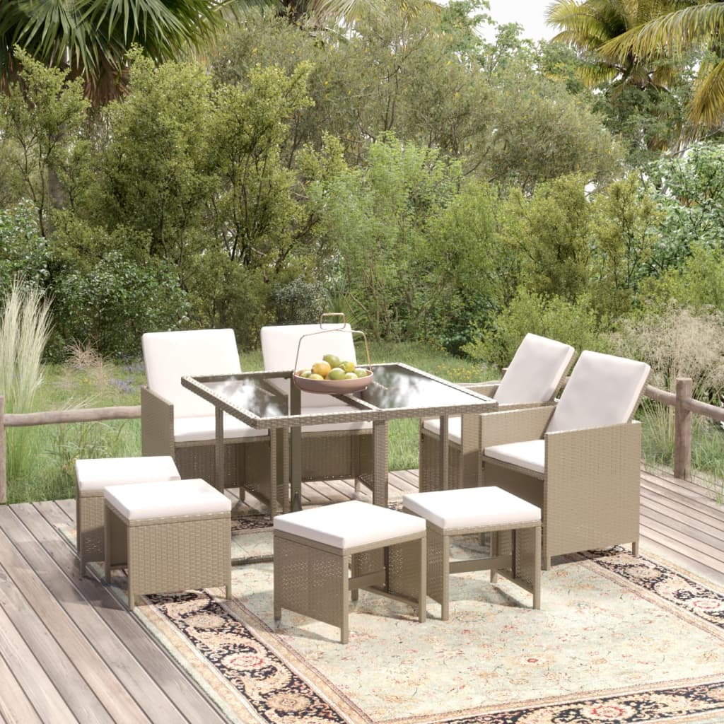 Ensemble à manger de jardin et coussins 9 pcs Poly rotin Beige