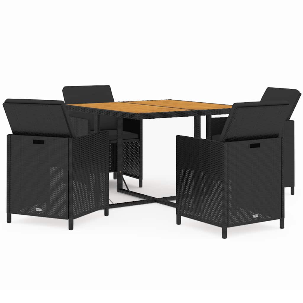 Ensemble à dîner de jardin avec coussins 5 pcs poly rotin noir
