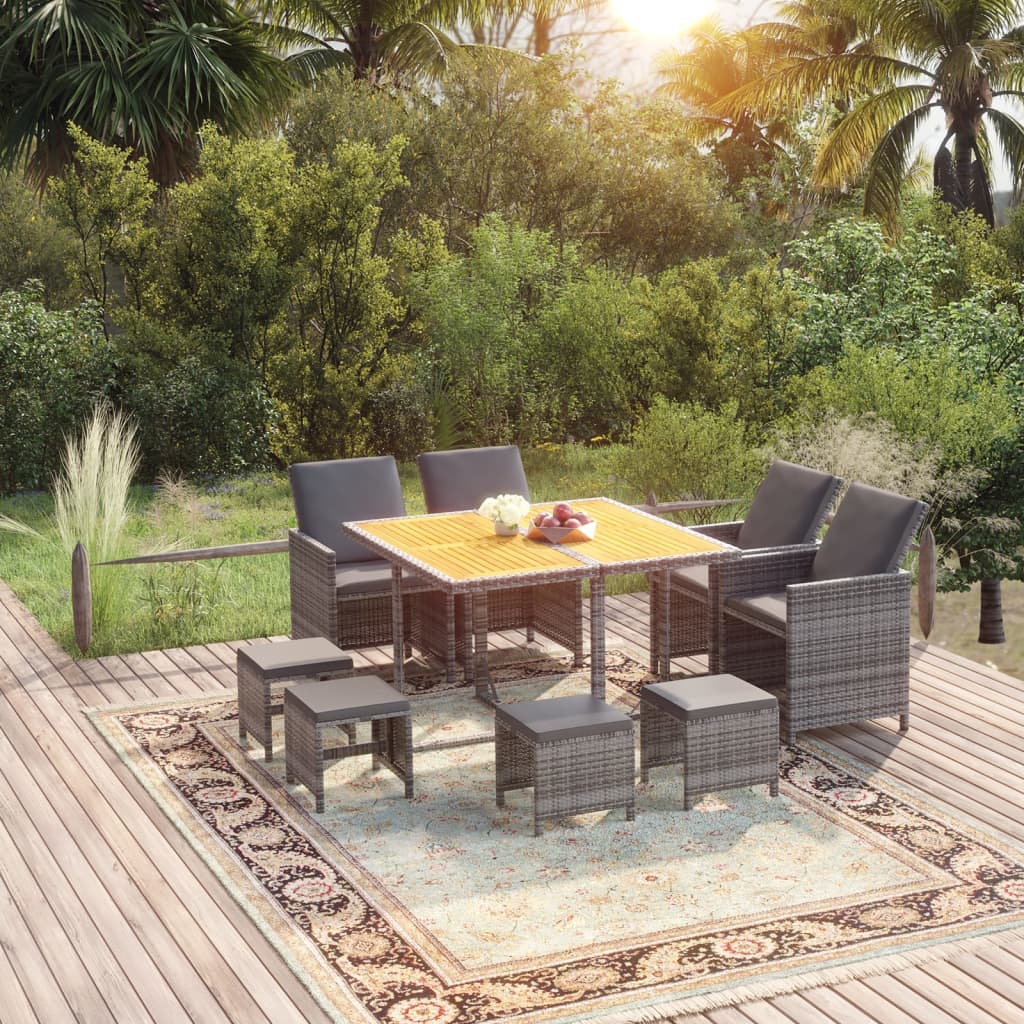 Ensemble à manger de jardin coussins 9pcs Résine tressée Gris