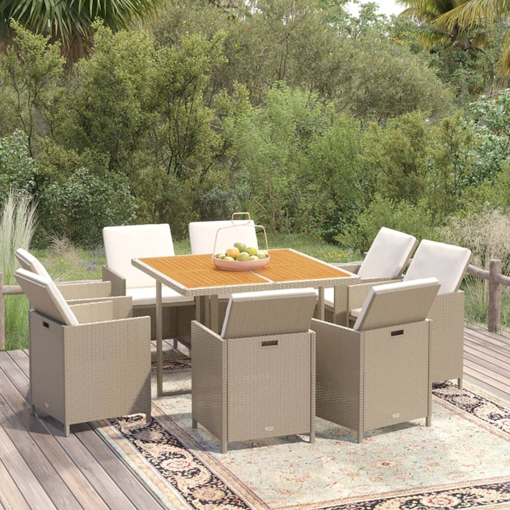Ensemble à manger de jardin et coussins 9 pcs Poly rotin Beige