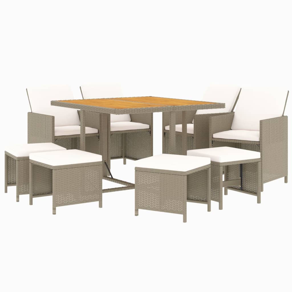 Ensemble à manger de jardin et coussins 9 pcs Poly rotin Beige