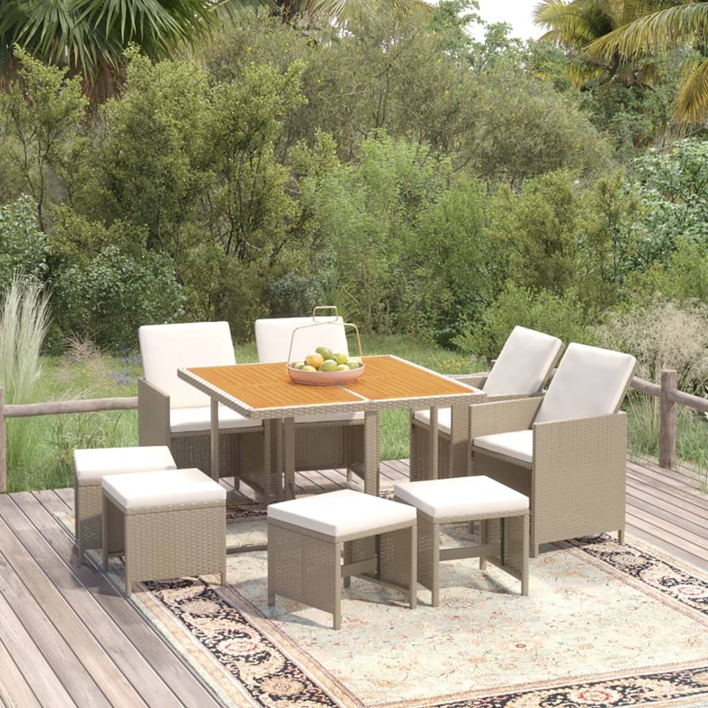 Ensemble à manger de jardin et coussins 9 pcs Poly rotin Beige