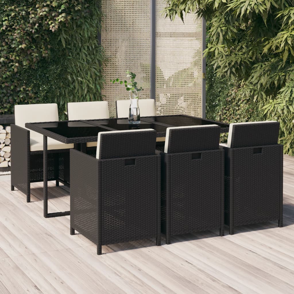 Ensemble à manger de jardin coussins 7pcs Résine tressée Noir