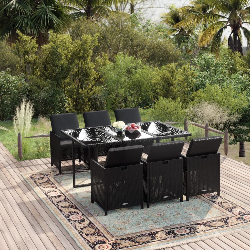 Ensemble à manger de jardin coussins 7pcs Résine tressée Noir
