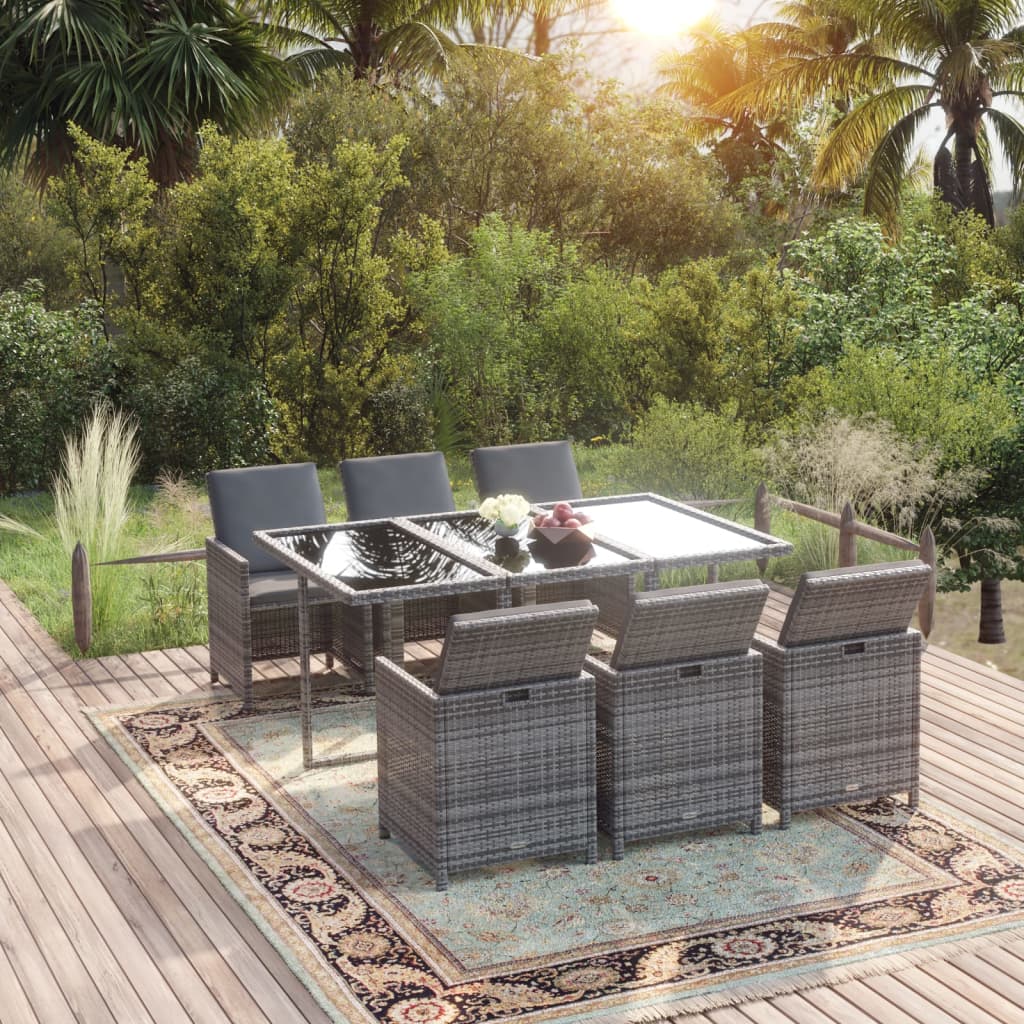 Ensemble à manger de jardin coussins 7pcs Résine tressée Gris