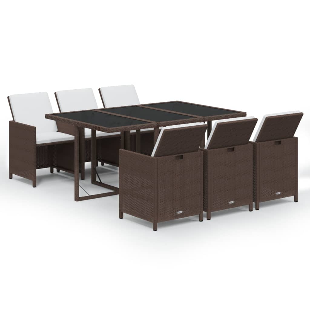 Ensemble à manger de jardin et coussins 7 pcs marron poly rotin