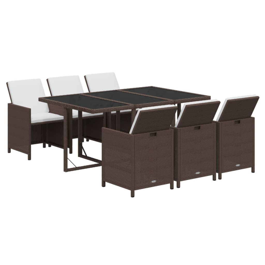 Ensemble à manger de jardin et coussins 7 pcs marron poly rotin