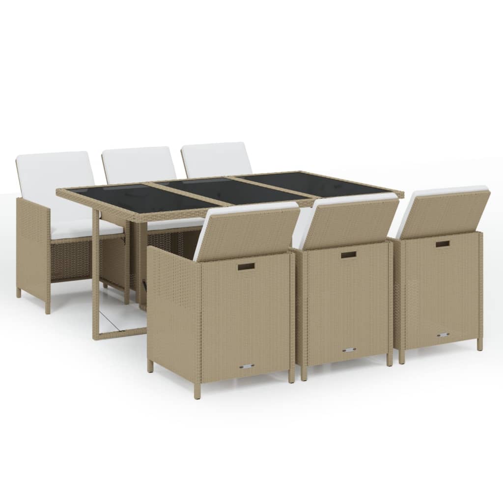 Ensemble à manger de jardin et coussins 7 pcs Poly rotin Beige