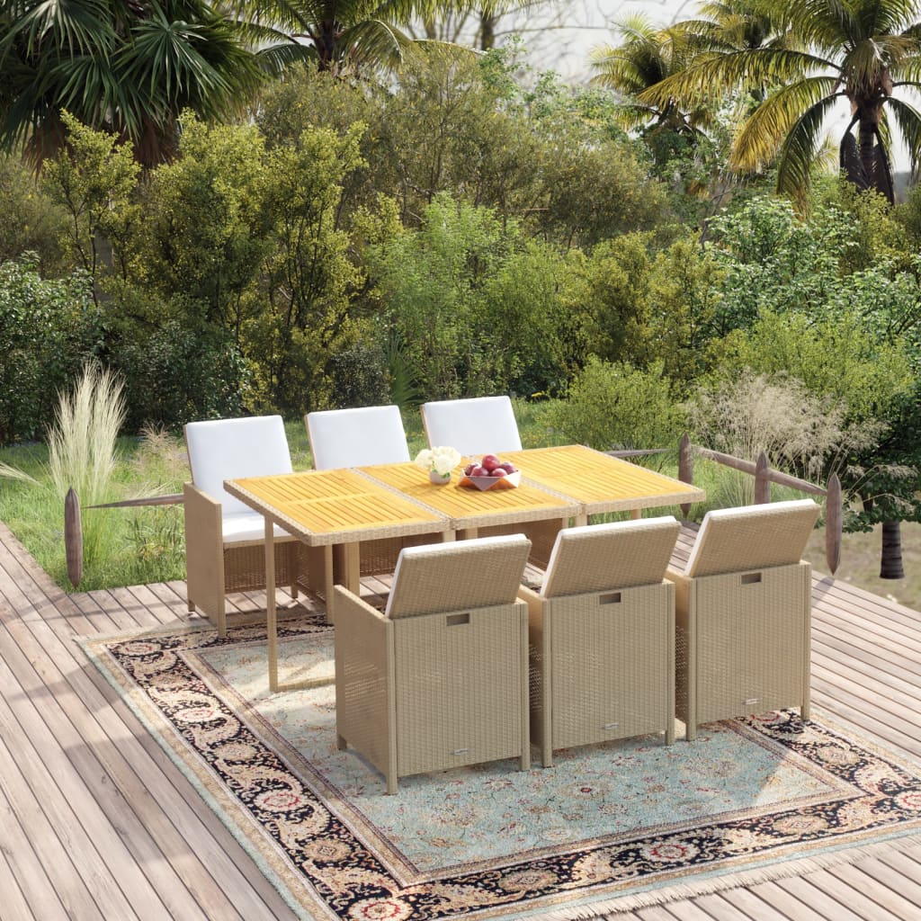 Ensemble à manger de jardin et coussins 7 pcs Poly rotin Beige
