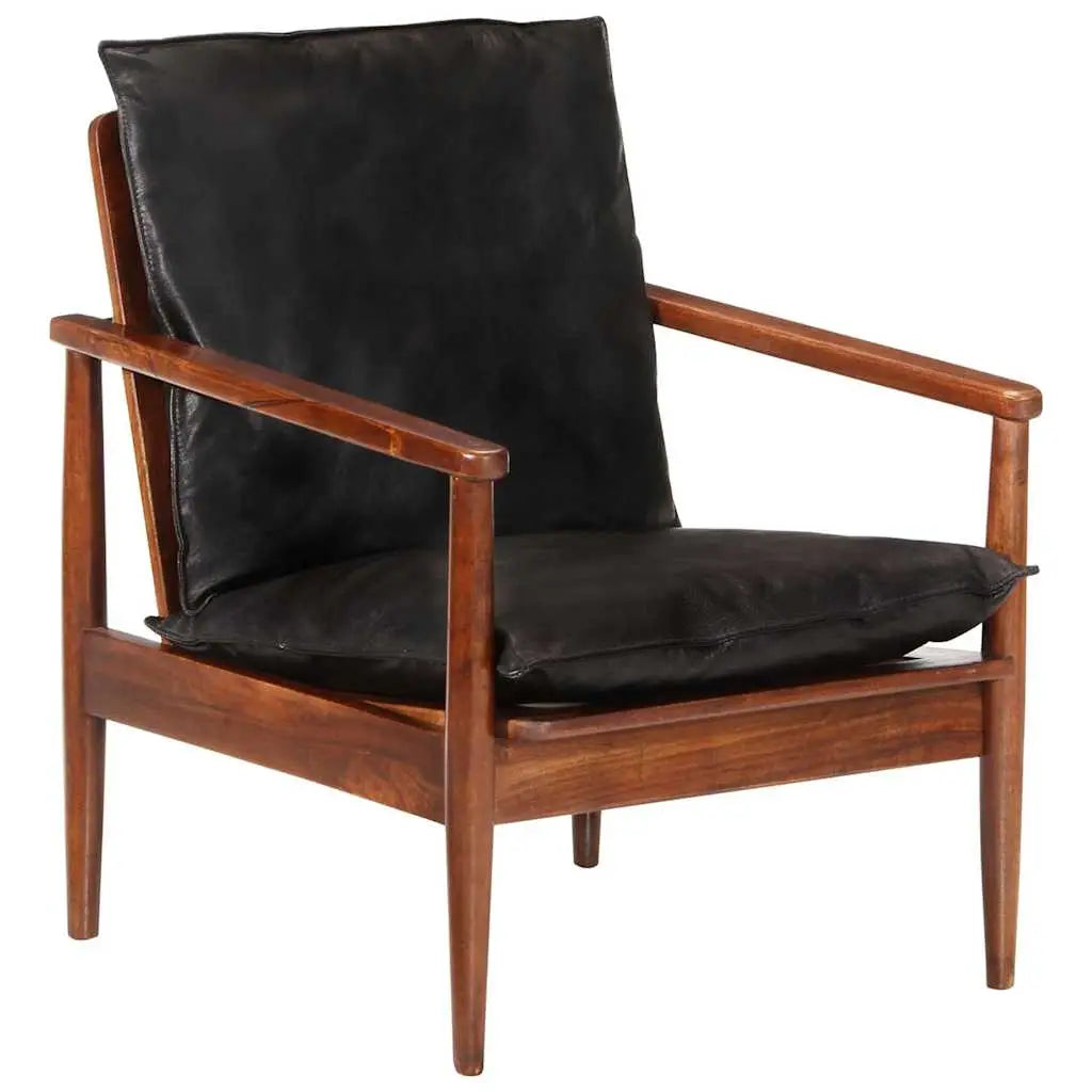 Fauteuil noir cuir véritable et bois d’acacia solide - XIOS