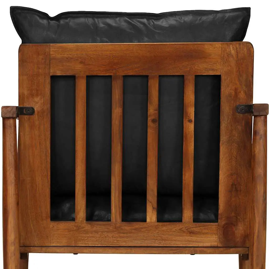 Fauteuil noir cuir véritable et bois d’acacia solide - XIOS