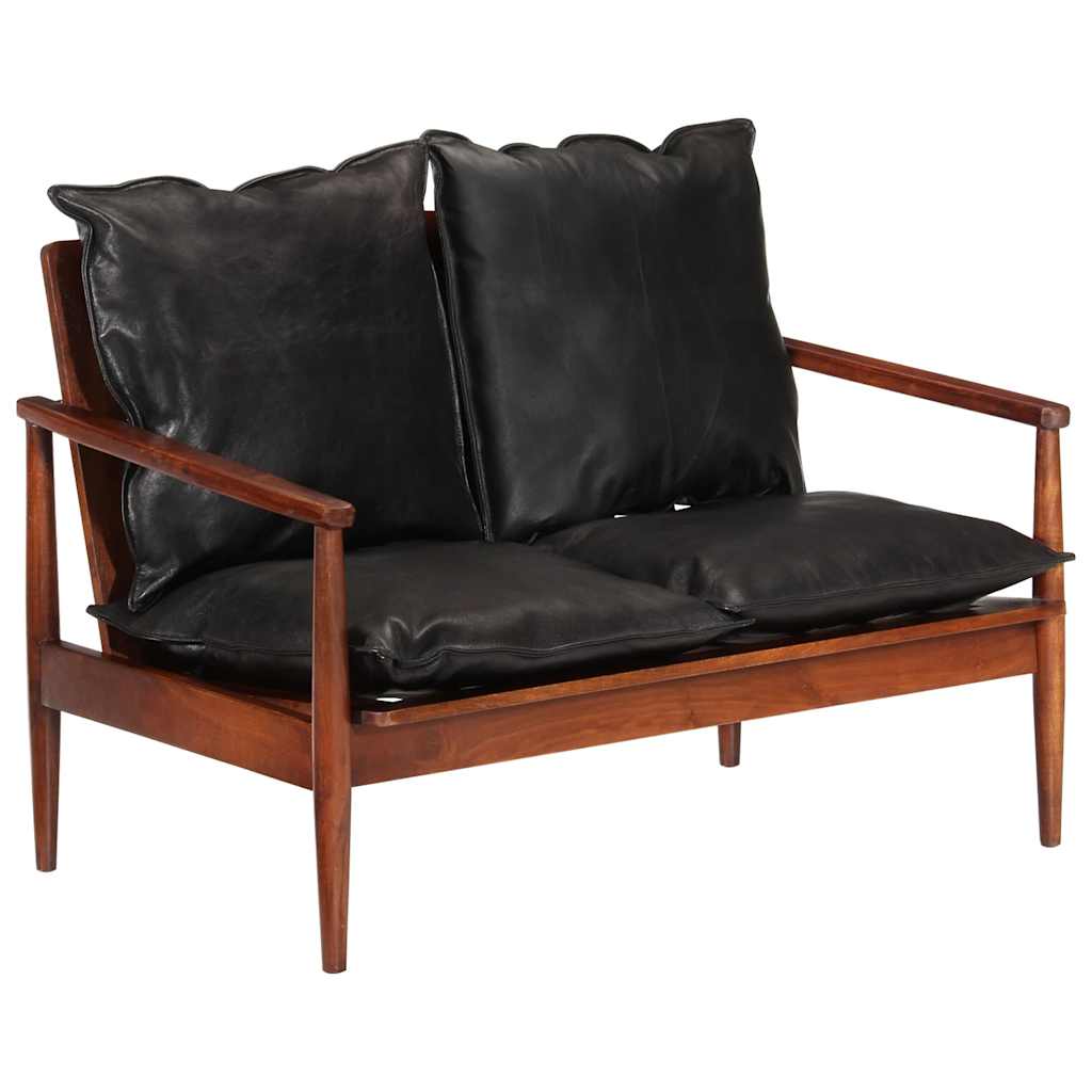 Canapé 2 places noir cuir véritable et bois d'acacia solide - XIOS