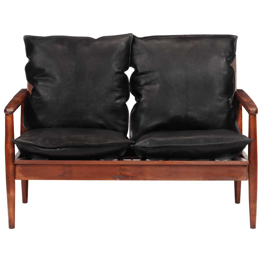 Canapé 2 places noir cuir véritable et bois d'acacia solide - XIOS
