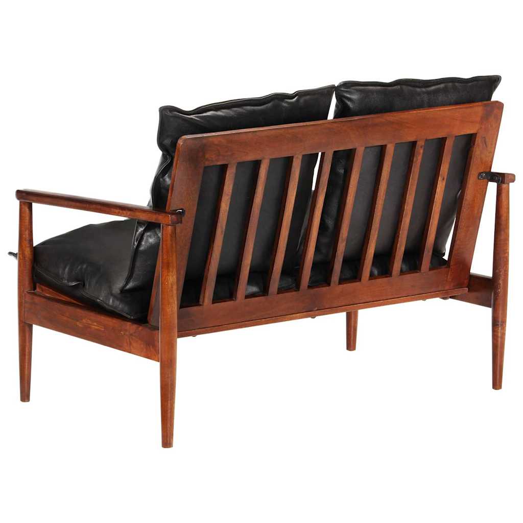 Canapé 2 places noir cuir véritable et bois d'acacia solide - XIOS