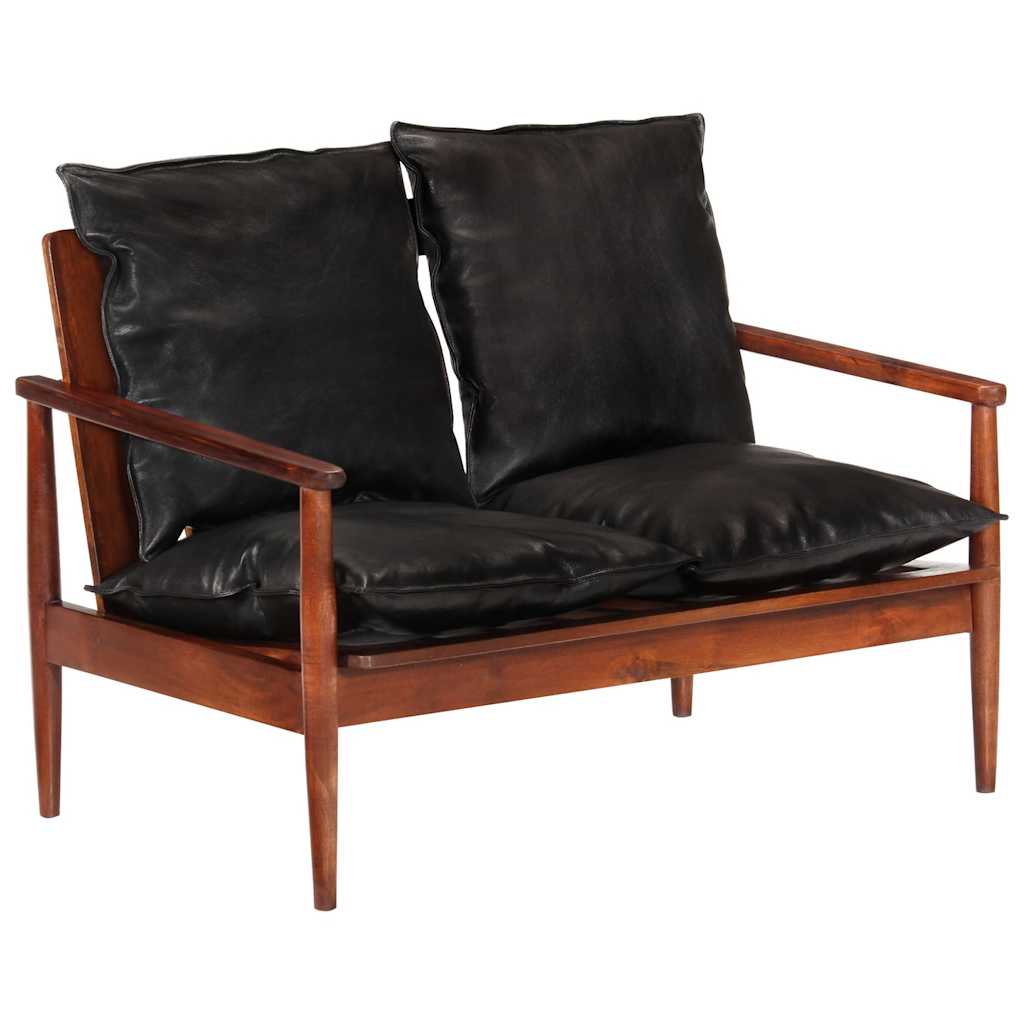 Canapé 2 places noir cuir véritable et bois d'acacia solide - XIOS