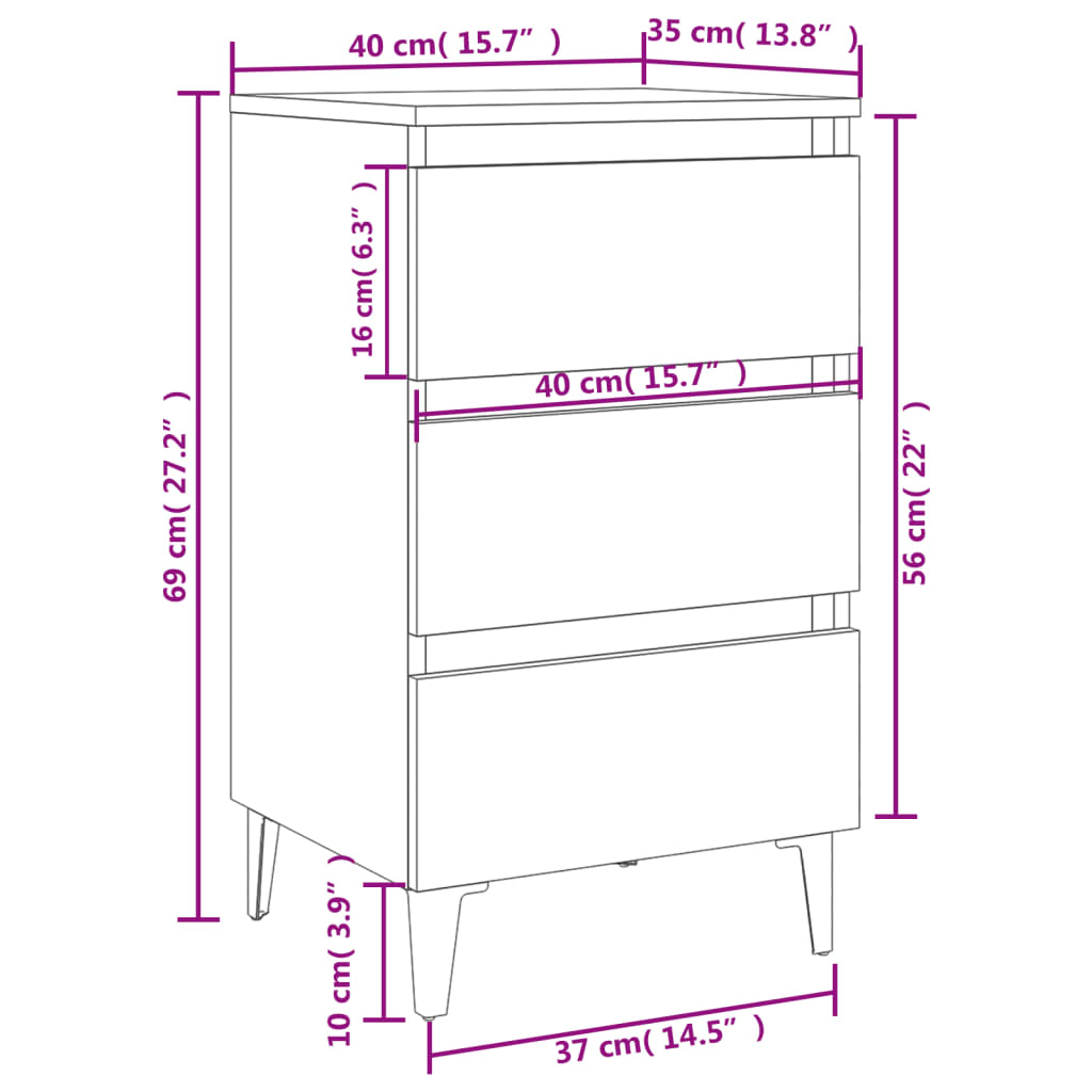 Table de chevet avec pieds en métal Sonoma gris 40x35x69 cm - XIOS