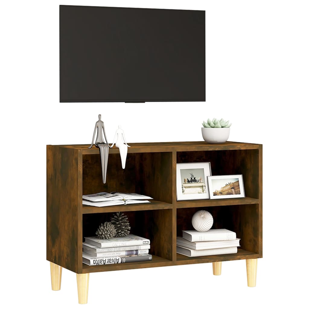 Meuble TV avec pieds en bois massif Chêne fumé 69,5x30x50 cm - XIOS
