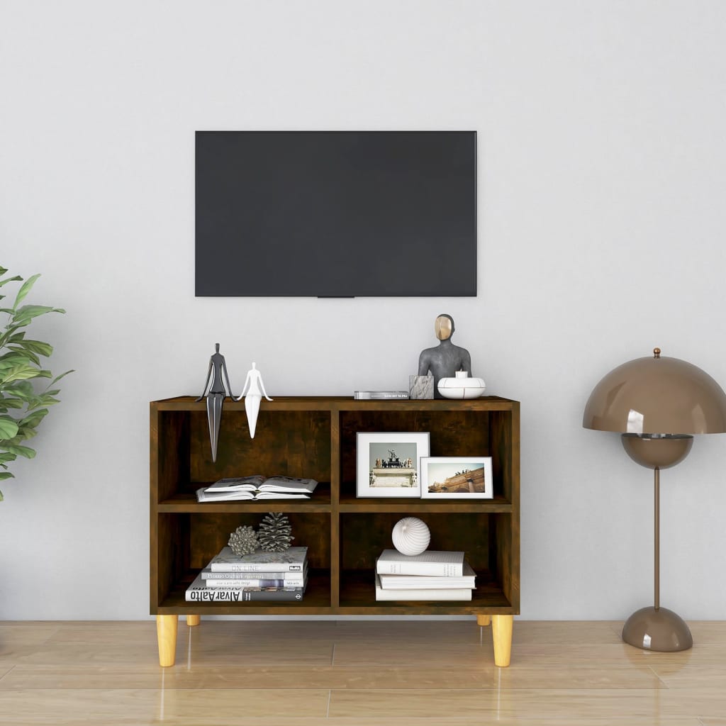 Meuble TV avec pieds en bois massif Chêne fumé 69,5x30x50 cm - XIOS
