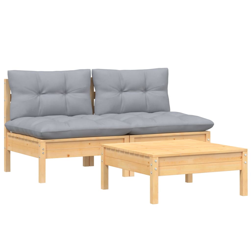Salon de jardin 3 pcs avec coussins gris Bois de pin