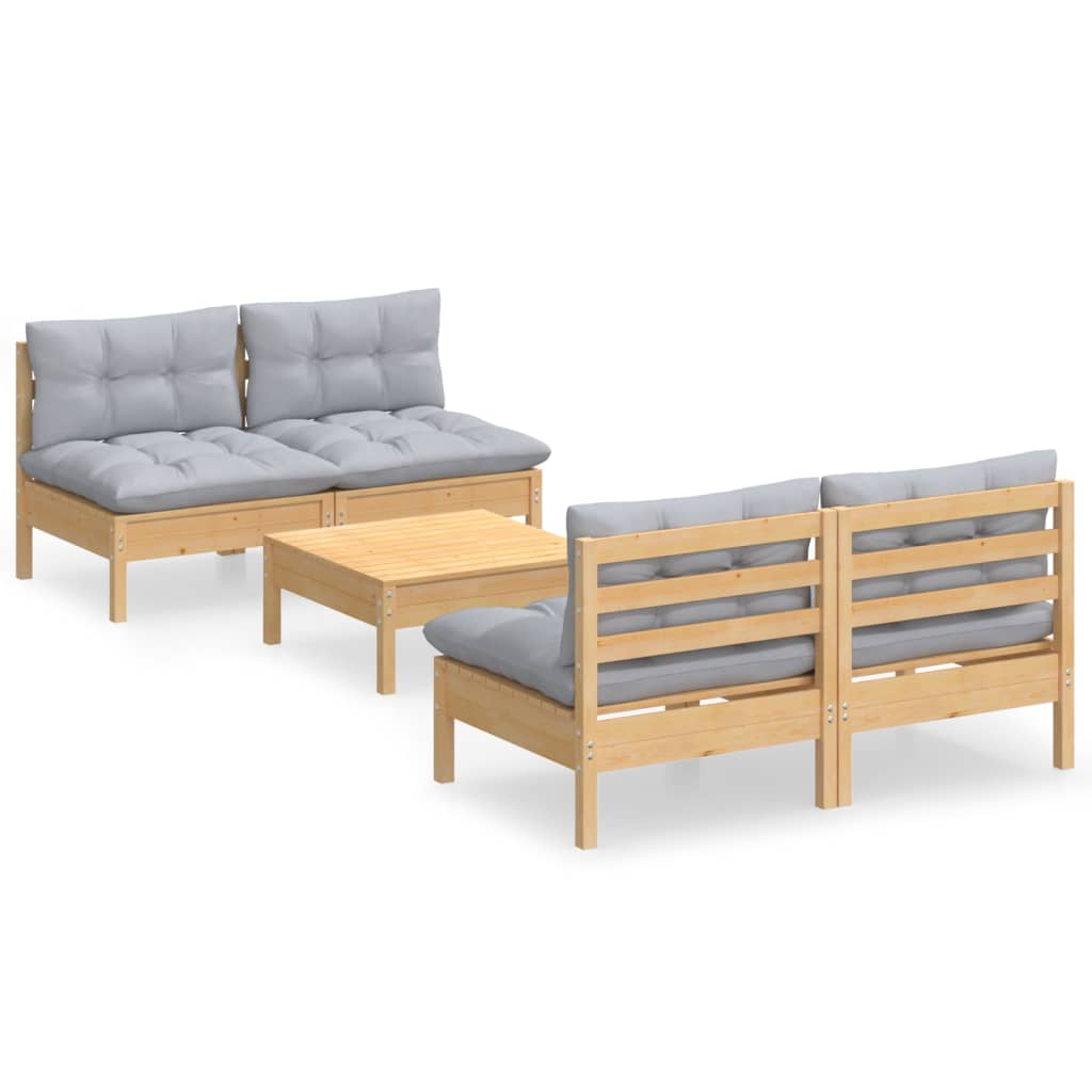 Salon de jardin 5 pcs avec coussins gris bois de pin