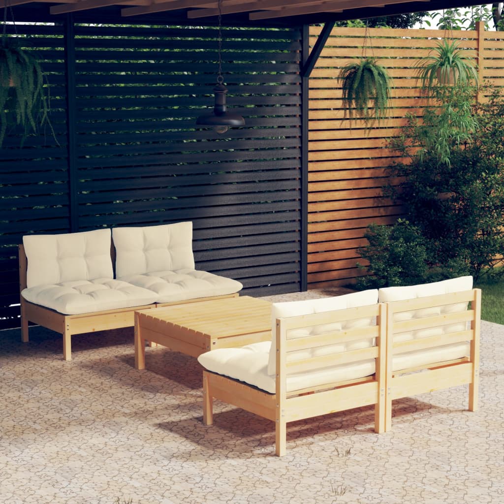 Salon de jardin 5 pcs avec coussins crème bois de pin