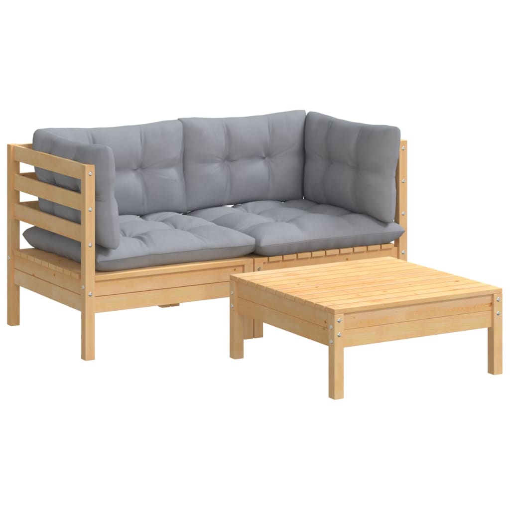 Salon de jardin 3 pcs avec coussins gris Bois de pin