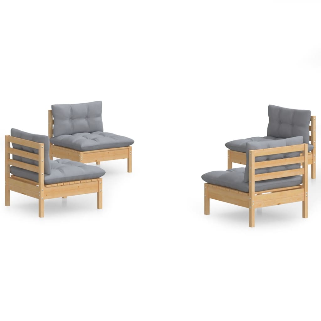 Salon de jardin 4 pcs avec coussins gris Bois de pin