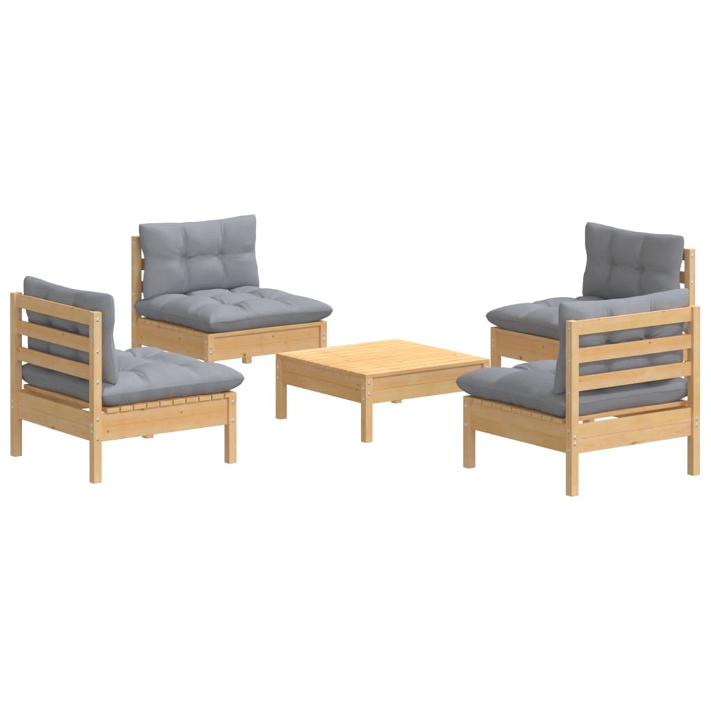Salon de jardin 5 pcs avec coussins gris bois de pin