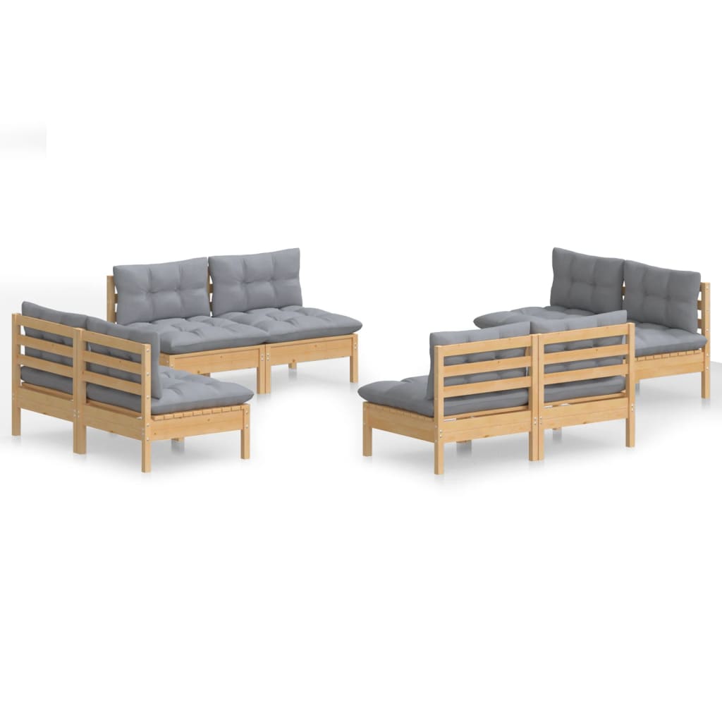 Salon de jardin 8 pcs avec coussins gris Bois de pin
