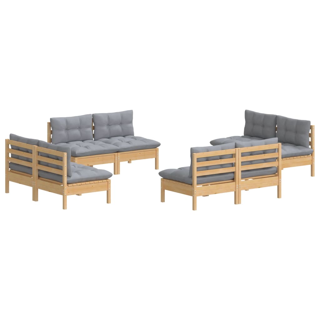Salon de jardin 8 pcs avec coussins gris Bois de pin